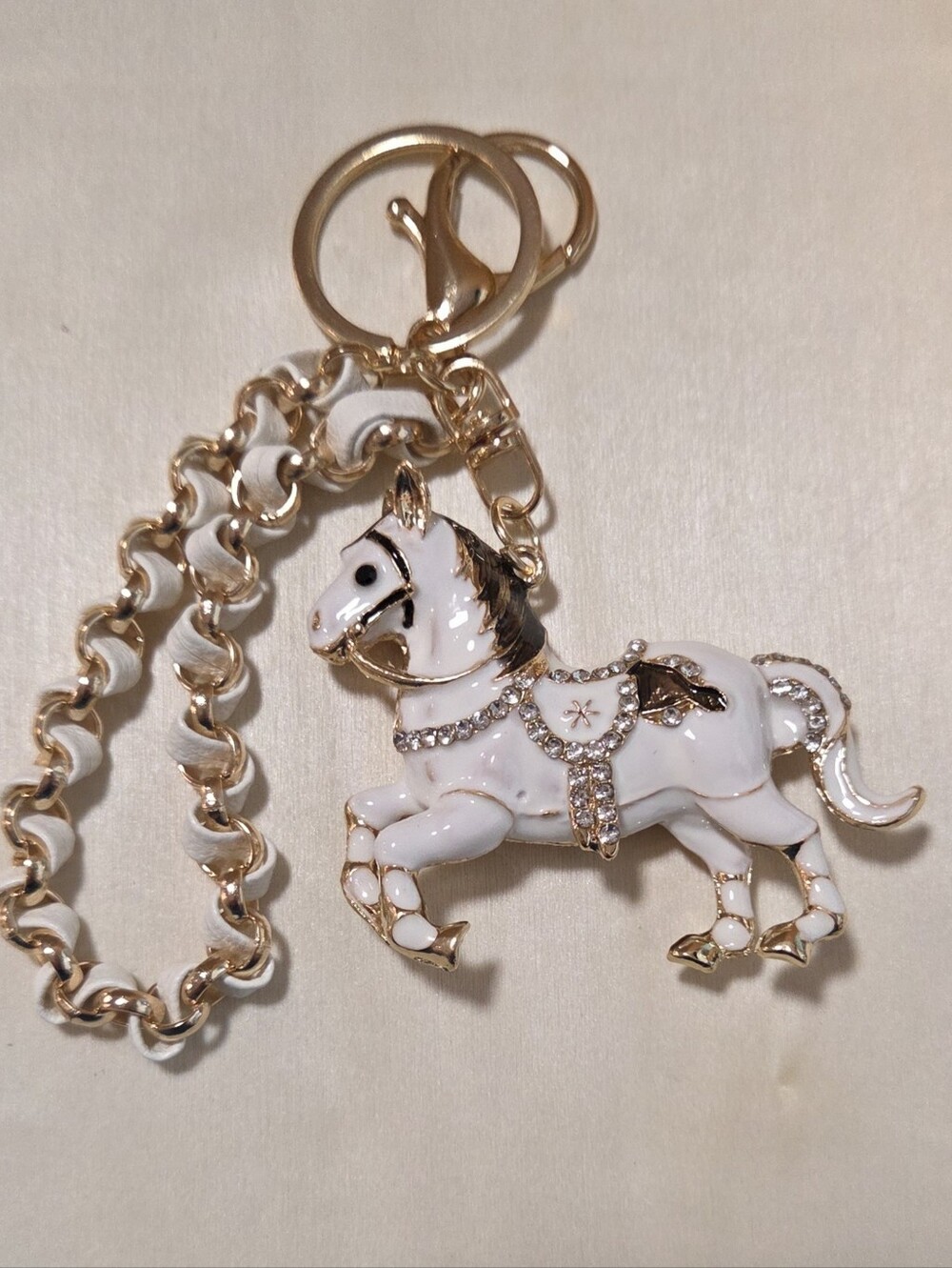Glam White Enamel Prancing Horse Keychain & Braided Chain Bag Charm 🐎 - Picture 9 of 14